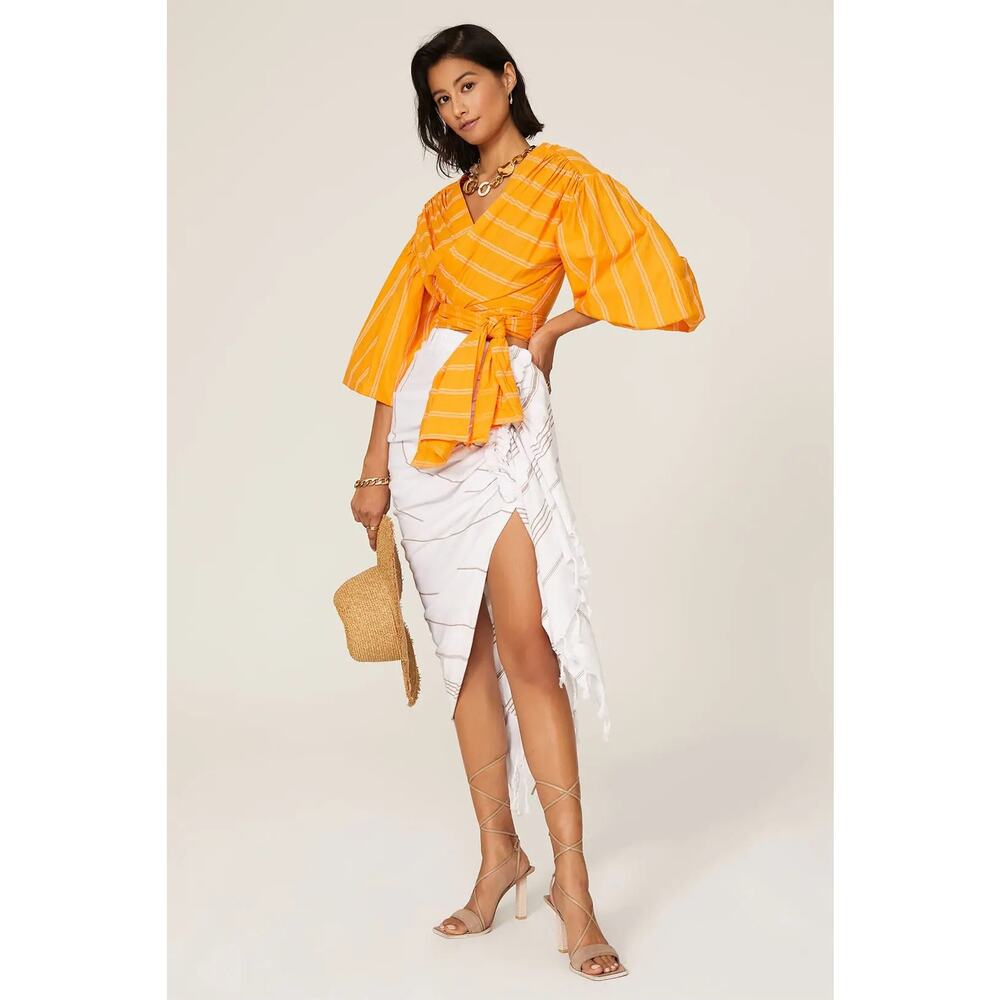 Acler Wyatt Orange Stripped Puff Sleeves Summer Wrap Cropped Blouse 10